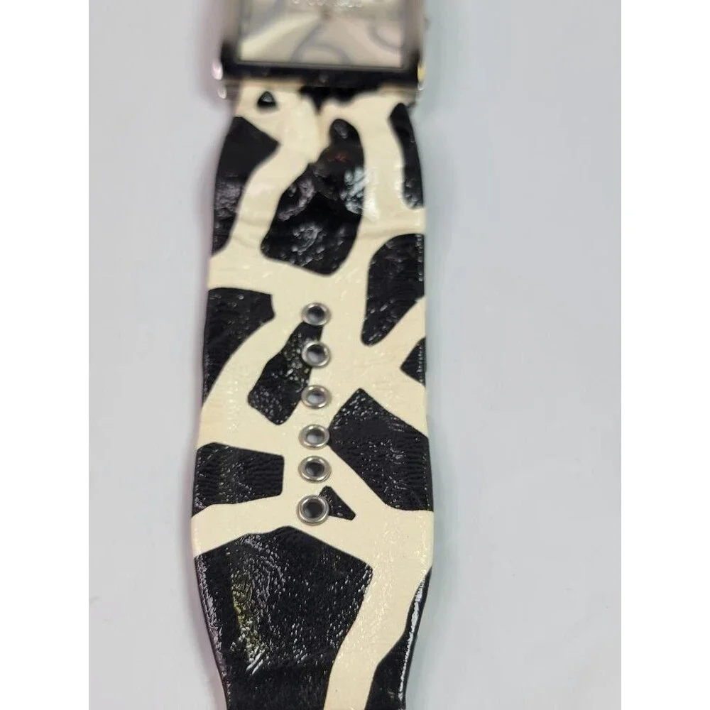Vivani K1181 Quartz Watch Silver Tone Square Case Animal Print Wide Band